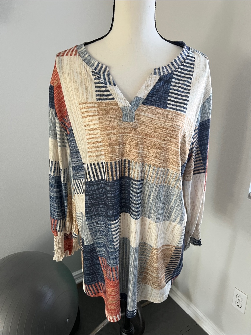 Patchwork-Stripe Relaxed Tunic Top - Blue, Tan, Cream